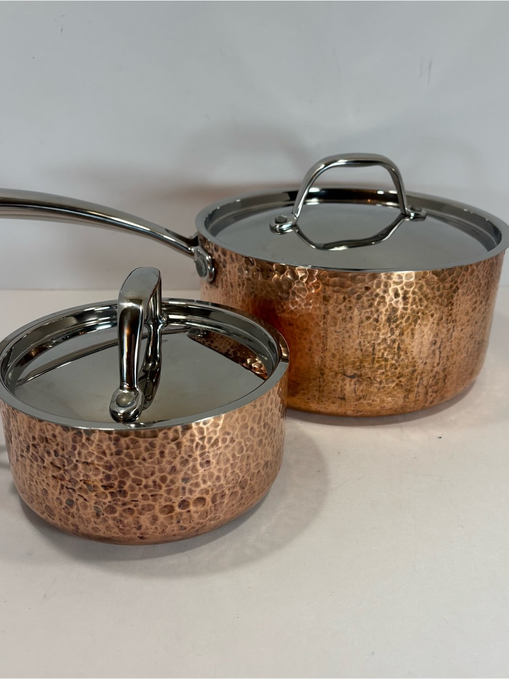 Lot Of 2 VTG French Style Hand Hammered Copper Saucepans Tin Lined 8”/5” W/Lids